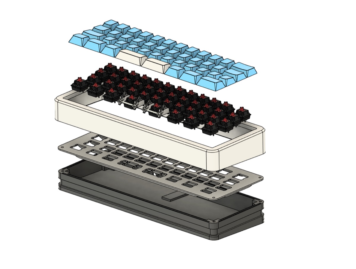 CAD exploded view — custom mechanical keyboard